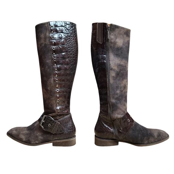 Donald J Pliner Brown Suede & Croc Leather Side Zip Buckle Stud Tall Boots 9 1/2 - Picture 1 of 6